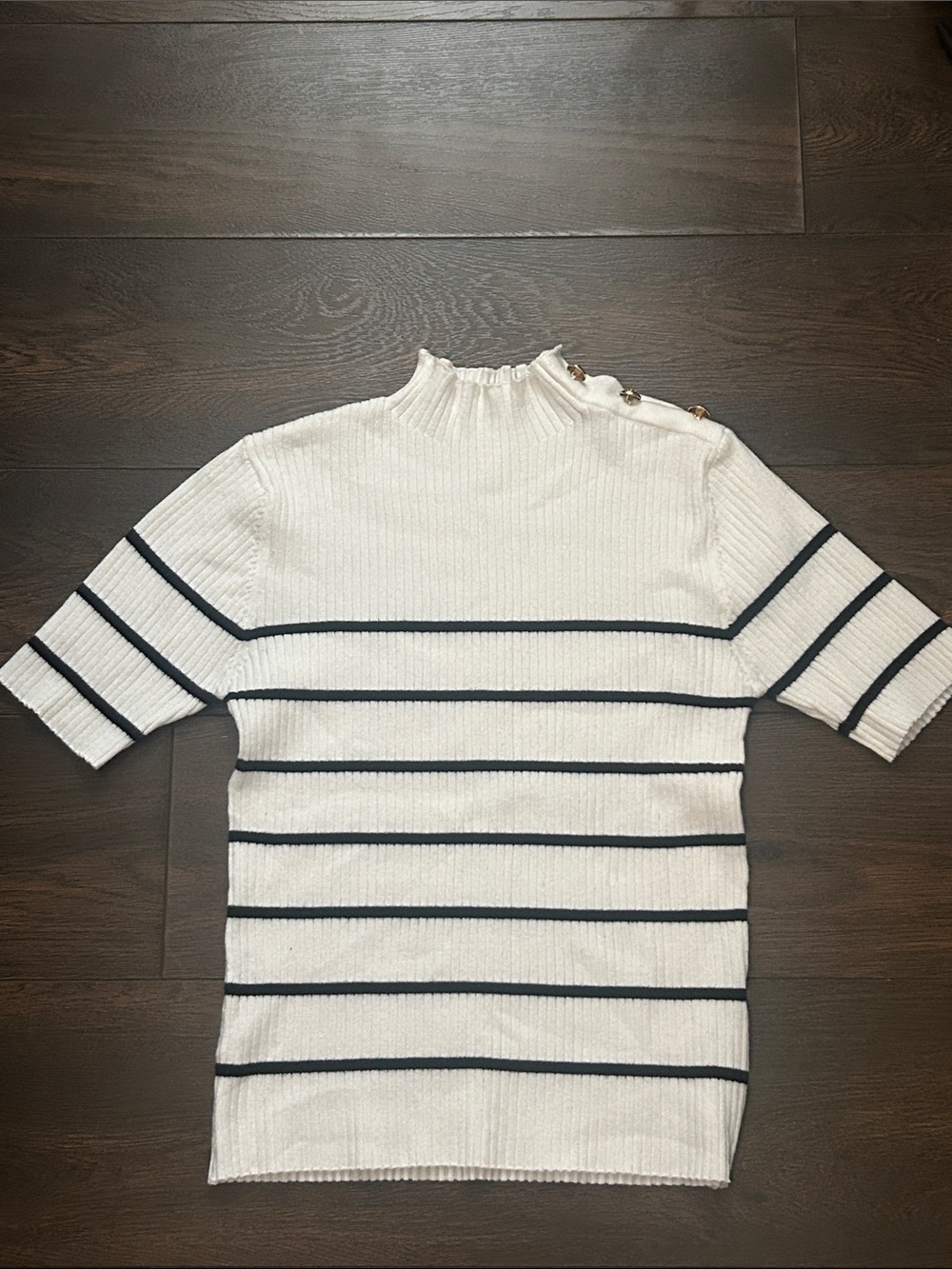 SHEIN White and Navy Striped Short Sleeve Button Shoulder Top